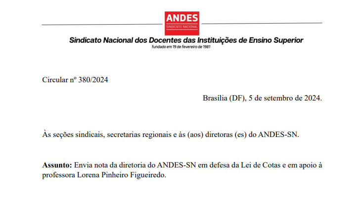 NOTA DA DIRETORIA DO ANDES-SN EM DEFESA DA LEI DE COTAS E EM APOIO À PROFESSORA LORENA PINHEIRO FIGUEIREDO