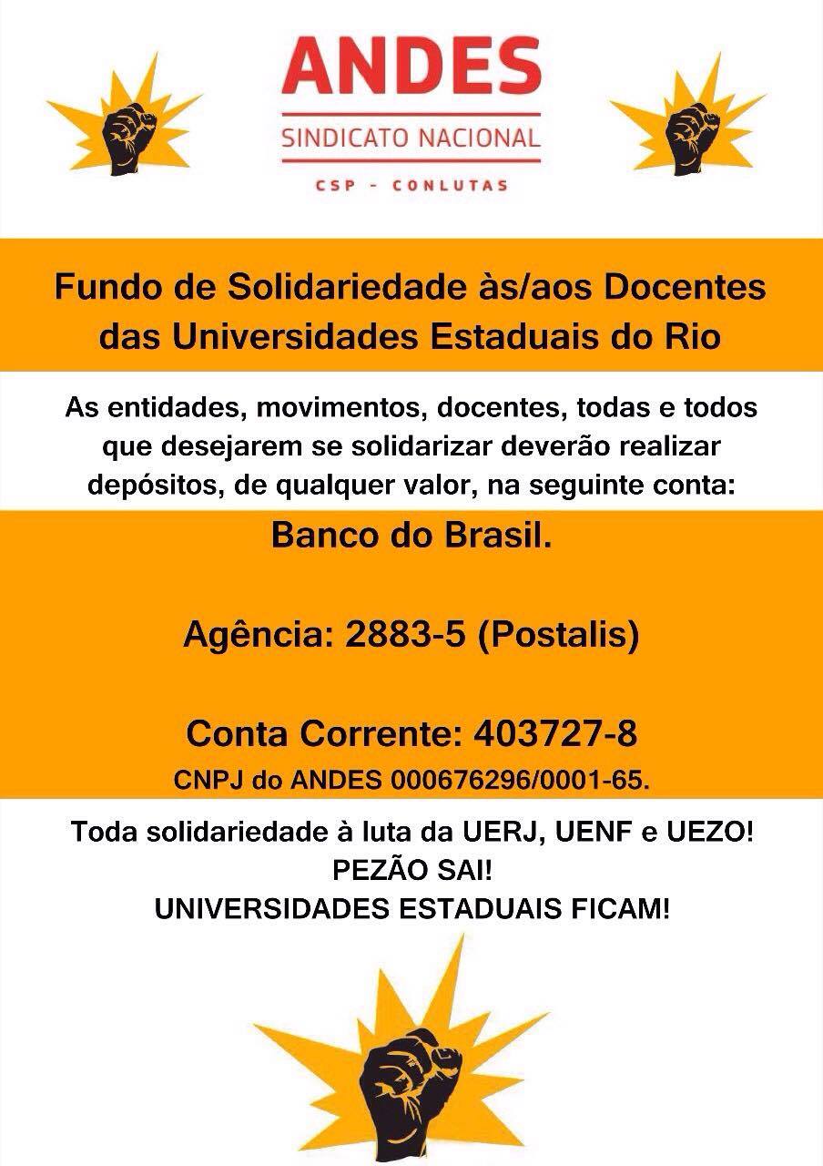 ANDES-SN cria campanha de solidariedade aos docentes das Estaduais do Rio