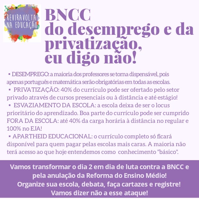 Professores convocam dia de luta em 2/8 contra BNCC que representa desemprego e privatização